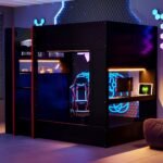 Euroco Wood Full Size Loft Bed with Desk and Shelves. Gaming Bunk Bed with LED Light and USB Charging. Black