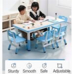 TROPOW Kids Table and Chairs.Height Adjustable Toddler Table and 6 Chair.Multi-Activity Table with Graffiti Desktop Non-Slip Legs for Ages 2-10.Children Activity Table for Daycare.Classroom.Blue