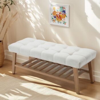 Dayalane Upholstered Storage Bench with Shoe Rack.Linen Fabric Entryway Bench for Living Room. Bedroom and Hallway. Multi Functional Ottoman with Solid Wood Shelf. Beige