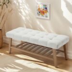 Dayalane Upholstered Storage Bench with Shoe Rack.Linen Fabric Entryway Bench for Living Room. Bedroom and Hallway. Multi Functional Ottoman with Solid Wood Shelf. Beige