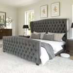 VANACC Queen Size Bed Frame. Velvet Upholstered Bed with Deep Button Tufted Wingback Headboard��Grey